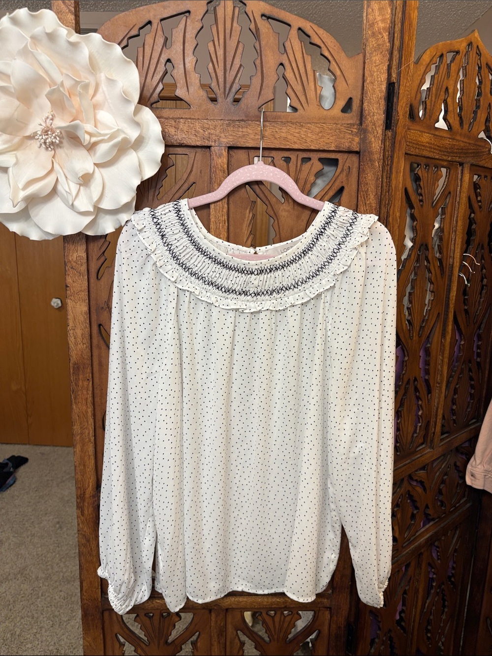 LOFT White Polka Dot Smocked Blouse